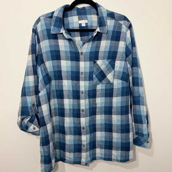 J. Jill Tops - Women’s 2X Blue Plaid Button Front Shirt 100% Cotton Long Sleeve Roll Tab Casual
